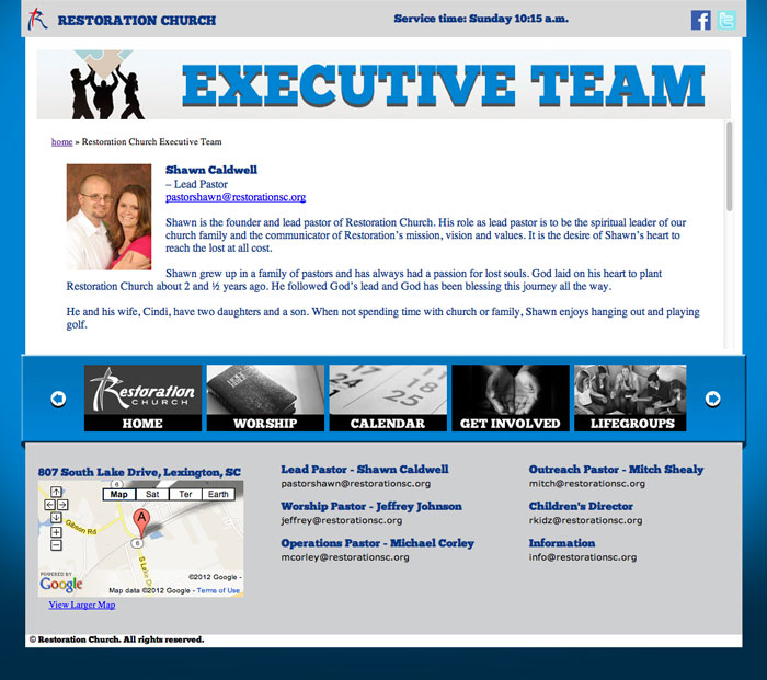 restoration church web site executive team page