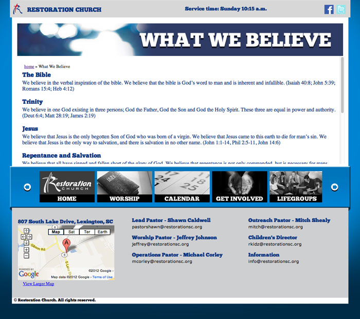 restoration church web site beliefs page