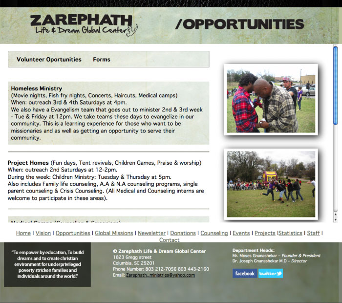 zarephath ministries web site opportunities page